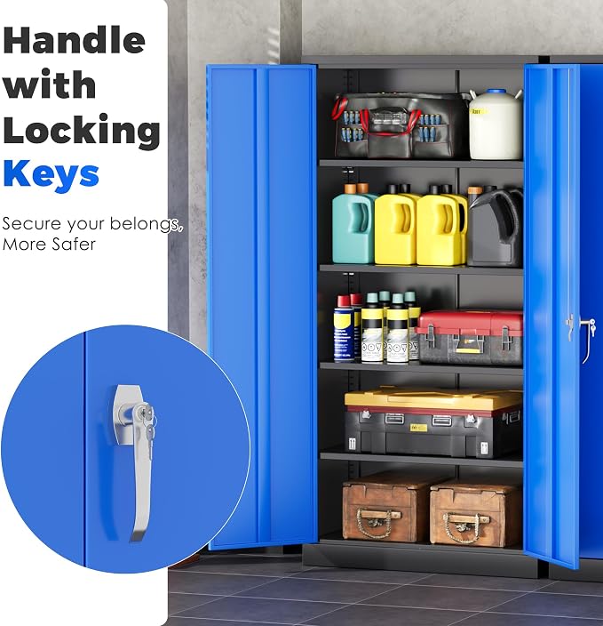 INTERGREAT Metal Garage Storage Cabinet with Lock, 72" Storage Cabinet with Locking Doors and 4 Adjustable Shelves, Lockable Steel Tool Cabinet for Home Office, School, Black Blue