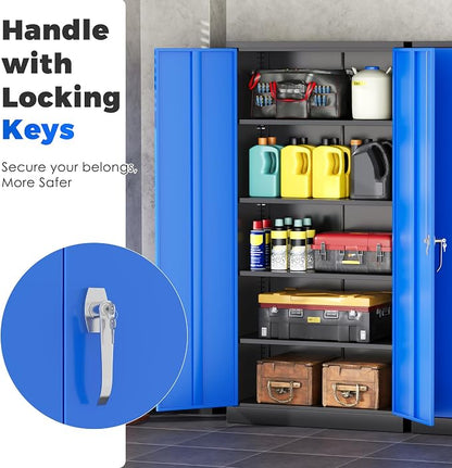 INTERGREAT Metal Garage Storage Cabinet with Lock, 72" Storage Cabinet with Locking Doors and 4 Adjustable Shelves, Lockable Steel Tool Cabinet for Home Office, School, Black Blue