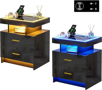 HNEBC Auto LED Nightstand Set of 2, Smart Night Stand with Charging Station & USB Ports, High Gloss Bedside Table has 2 Drawers,Modern End Side Table for Bedroom (Black)