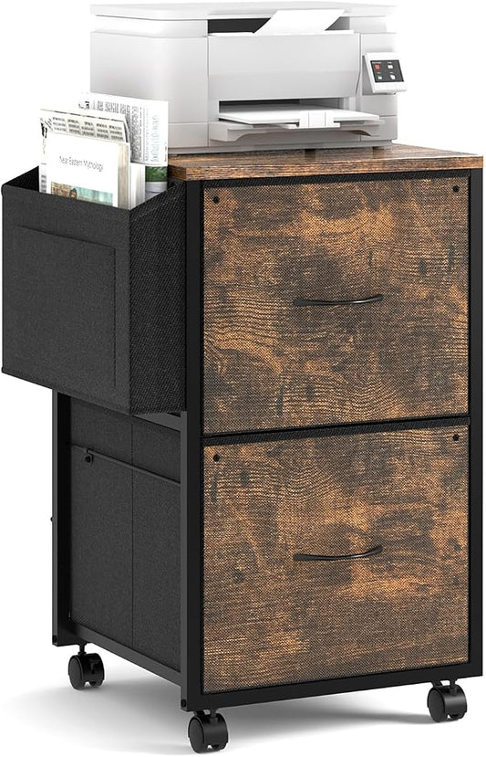 VINGLI 2 Drawer File Cabinet with Side Bag, Rolling Mobile Under Desk with Wheels, Fabric Drawers Printer Stand for Home Office, Fits Letter Size, Rustic Brown