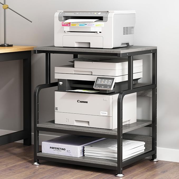 Large Printer Table with Storage, 3 Tier Printer Stand with Wheels, Printer Cart for Home Office, Desk for Printer, Paper Shredder, Scanner, Gray