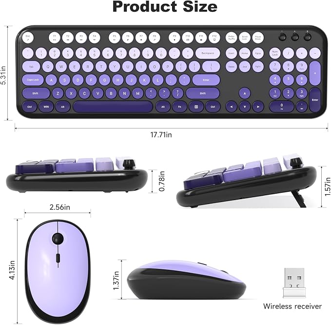 Wireless Keyboard Mouse Combo - Lovely Blackpurple-Gradient Rainbow Full-Sized Typewriter Colorful Keyboards, Round Keycap Plug Play Retro Cute Keyboards for Windows, Laptop, PC, Desktop, Computer