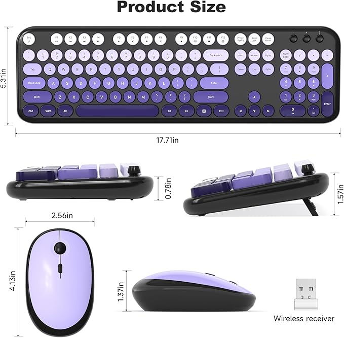 Dilter Wireless Keyboard Mouse Combo, Typewriter Full Size Keyboard and 2 in 1 USB Connected Mouse for Windows 7/8/10, Laptop, Desktop, PC, Computer (Black Purple)