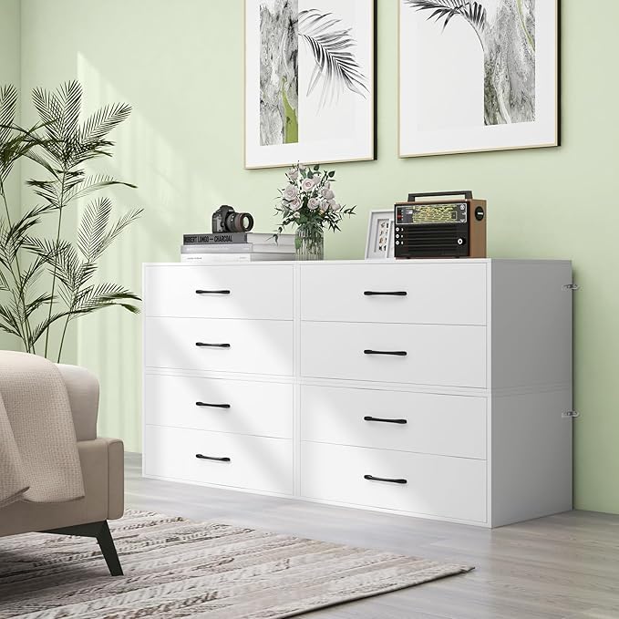 2 Drawer Lateral File Cabinet, Stackable Home Office Drawers, Under Desk Printer Stand, Low Storage Organizer, Horizontal Wooden Filing Cabinet for Study Living Room, No Wheels (2, White)