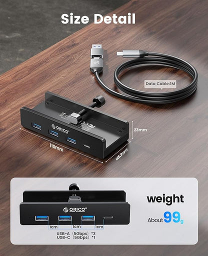 ORICO USB Hub 3.0, Clamp USB Hub with Extra Power Supply Port, Aluminum 4-Port USB Adapter with 3 USB-A Data Ports, USB-C Port for Monitors, Desks (Black)