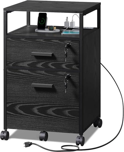 DEVAISE 2 Drawer File Cabinet with Lock and Charging Station, Wood Filing Cabinet fits A4 or Letter Size, Mobile Printer Stand with Open Storage Shelf for Home Office, Black