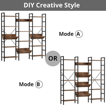 IRONCK Bookshelf, Bookshelves and Bookcases, Triple Wide 5 Tiers Book Shelf with Baffles, Industrial Bookshelf with Metal Frame for Living Room, Home Office