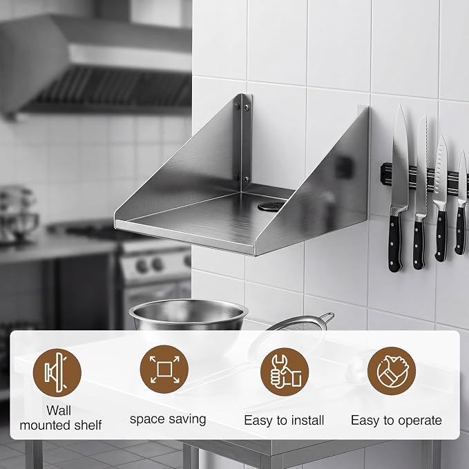 Hicarer Wall Mounted Stainless Steel Printer Shelf 12" x 9"x 6" Restaurant Ticket Printer Shelf 304 Stainless Steel 50 lb Capacity 16 Gauge, Silver