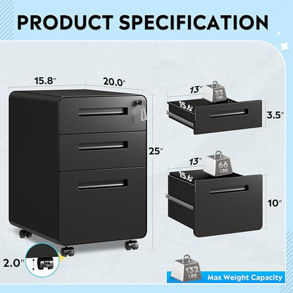 DEVAISE 3 Drawer Mobile File Cabinet, Under Desk Metal Filing Cabinet with Lock for Home Office, Office File Cabinet fits Letter/Legal Size, Pre-Assembly, Black