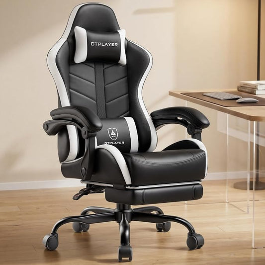 GTPLAYER Gaming Chair, Ergonomic Game Computer Chairs with Foot Rest for Adults, Adjustable PC Game Chair with Reclining Function and Comfortable Headrest for Home and Office Use (White)