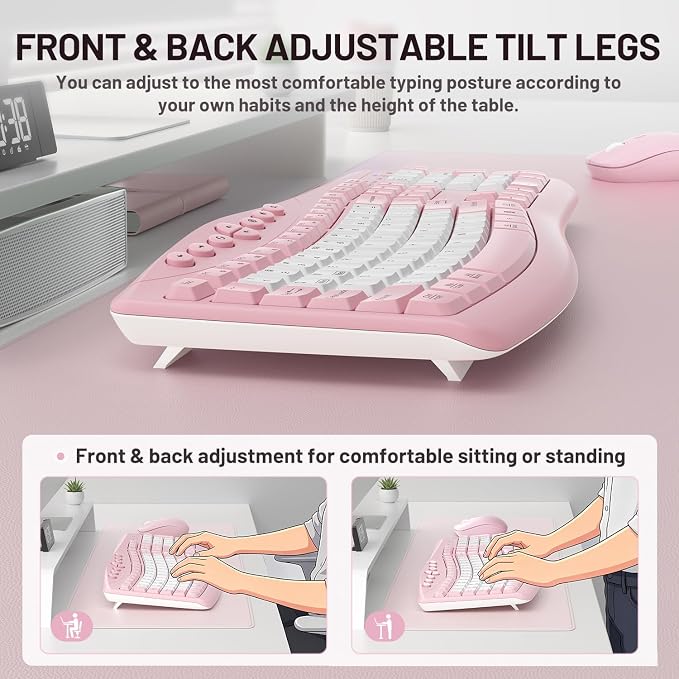 Wireless Keyboard and Mouse Combo,2.4G Full Size Ergonomic Curved Silent Keyboard with Fn Multimedia Keys for Office and Home, 3-DPI Quiet Mouse for Windows,Mac OS Desktop/Laptop/PC (Light Pink-B)