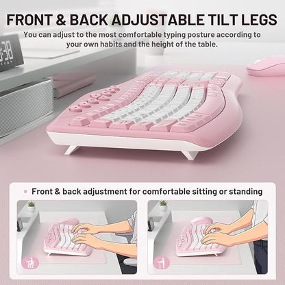Wireless Keyboard and Mouse Combo,2.4G Full Size Ergonomic Curved Silent Keyboard with Fn Multimedia Keys for Office and Home, 3-DPI Quiet Mouse for Windows,Mac OS Desktop/Laptop/PC (Light Pink-B)