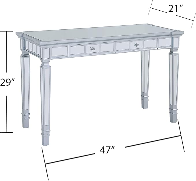 SEI Furniture Glenview Glam Mirrored Writing Desk w/ Drawers, Matte Silver