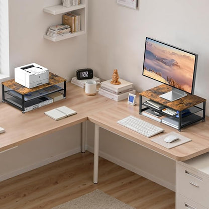ECOLOVI 2-Tier Computer Monitor Stand Riser, Desk Organizer for Monitor, Printer & Laptop Stand, Desktop Workspace Organizers for Office Supplies(Brown)