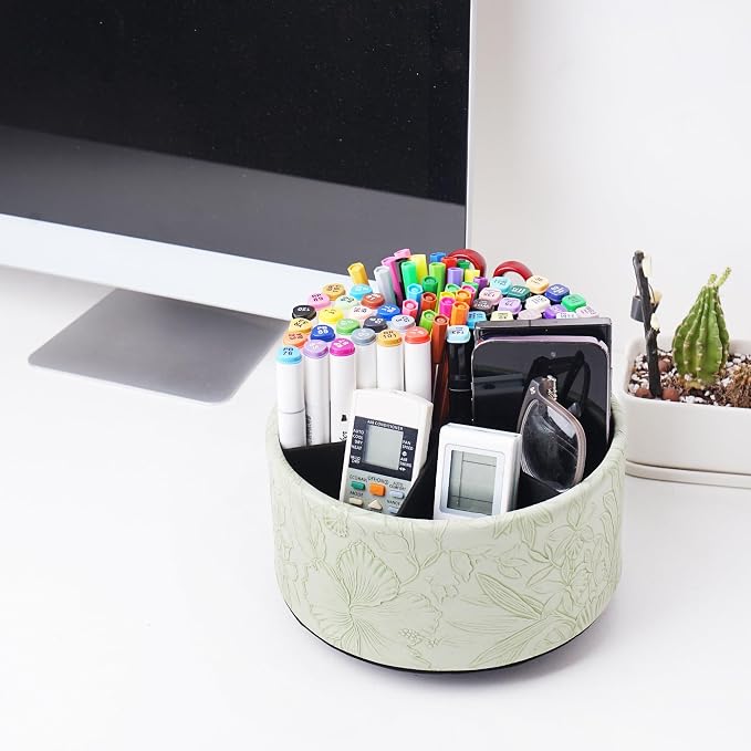 Remote Control Holder, 360°Spinning PU Leather Desk TV Remote Caddy,Desk Storage Box Room Accessories for Controller, Media,Mail,Calculator, Mobile Phone,Pencil(1-Carved Green1)