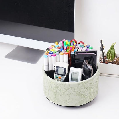 Remote Control Holder, 360°Spinning PU Leather Desk TV Remote Caddy,Desk Storage Box Room Accessories for Controller, Media,Mail,Calculator, Mobile Phone,Pencil(1-Carved Green1)