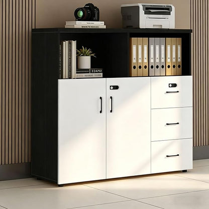 File Cabinet with Password Lock, Wood Lateral Filing Cabinet for Letter/A4 Files, 3 Drawer with Door, Printer Stand with Open Shelves for Home Office