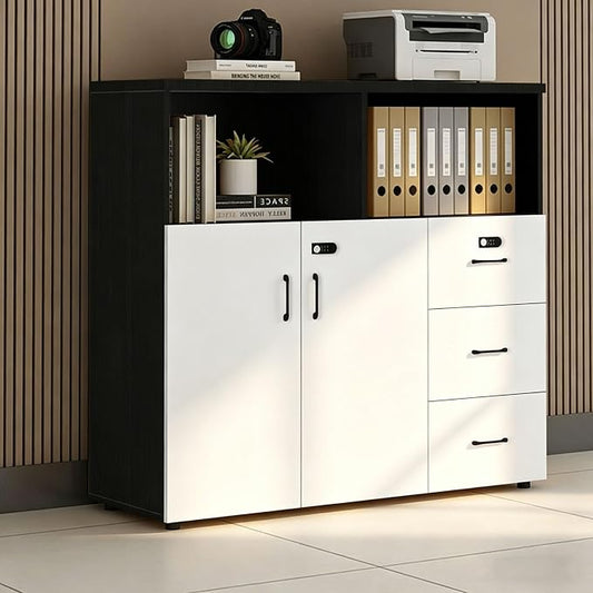 File Cabinet with Password Lock, Wood Lateral Filing Cabinet for Letter/A4 Files, 3 Drawer with Door, Printer Stand with Open Shelves for Home Office