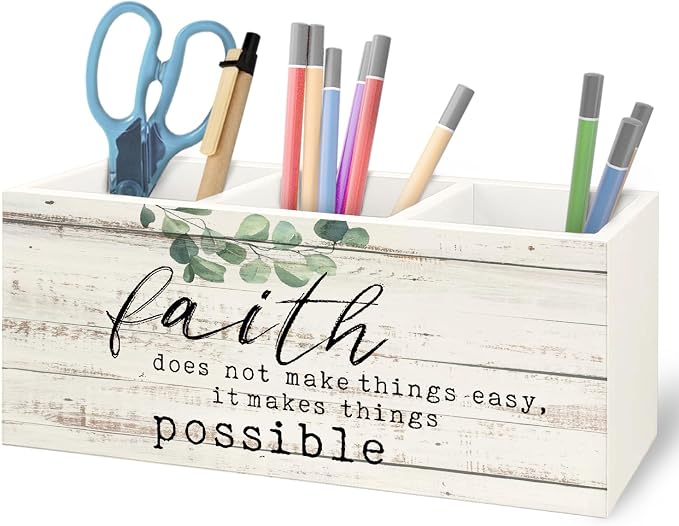 Sage Green Eucalyptus Christian Wooden Pen Pencil Holder for Office Desk Accessories, Faith Based Gifts, Inspirational Bible Verses Makeup Brush Toothbrush Holder Organizer for Bathroom
