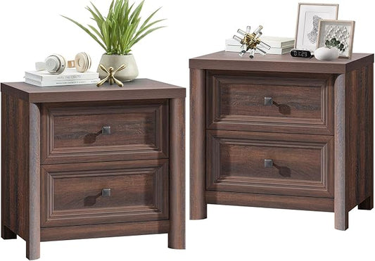 Farmhouse Walnut Night Stands Set of 2, Bedside Tables Nightstands with 2 Drawers Storage, 22.8" Large Rustic Wood Night Stand, Bed Side Table for Bedroom Living Room Sofa Couch Office