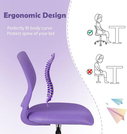 POWERSTONE Small Home Office Desk Chair, Swivel Rolling Study Computer Chair, Adjustable Height Task Chair with Armless Mid Back, Upholstered Mesh Seat, Purple