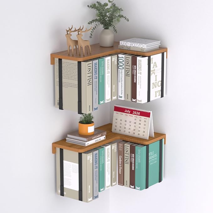 L-Shaped Corner Floating Shelves Set of 2, Floating Book Shelves for Wall | Pine Wood Wall Mount Floating Bookshelf with Hanging Strap Holds 9 Books, Hanging Hookshelf Display Shelf for Home Wall Decor