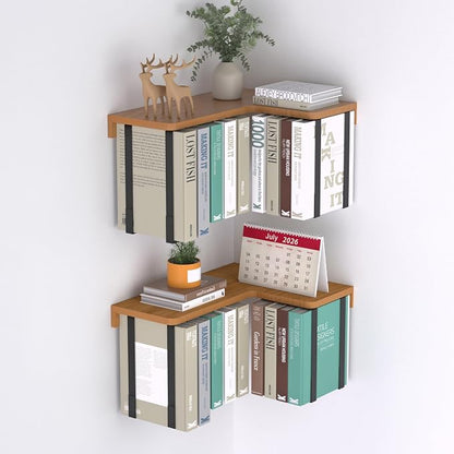 L-Shaped Corner Floating Shelves Set of 2, Floating Book Shelves for Wall | Pine Wood Wall Mount Floating Bookshelf with Hanging Strap Holds 9 Books, Hanging Hookshelf Display Shelf for Home Wall Decor