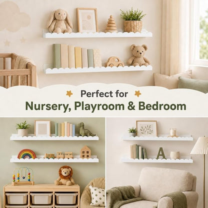Extra Long White Scalloped Nursery Shelves for Wall, 4-Pack 31.5 Inch Floating Book Shelves for Kids Room, Wall Mounted Bookshelves for Bedroom, Playroom, Book and Decor Display