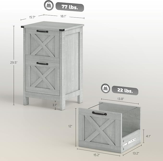 HOMCOM 2 Drawer Vertical File Cabinet with Silent Slides, Rustic Farmhouse Filing Cabinet with Barn Doors for A4/Letter Size, Printer Stand with Storage for Home Office, Distressed Light Gray