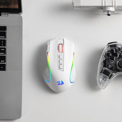Redragon M612 PRO RGB Gaming Mouse, 8000 DPI Wired/Wireless Optical Mouse with 9 Programmable Buttons & 6 Backlit Modes, BT & 2.4G Wireless, Software Supports, White