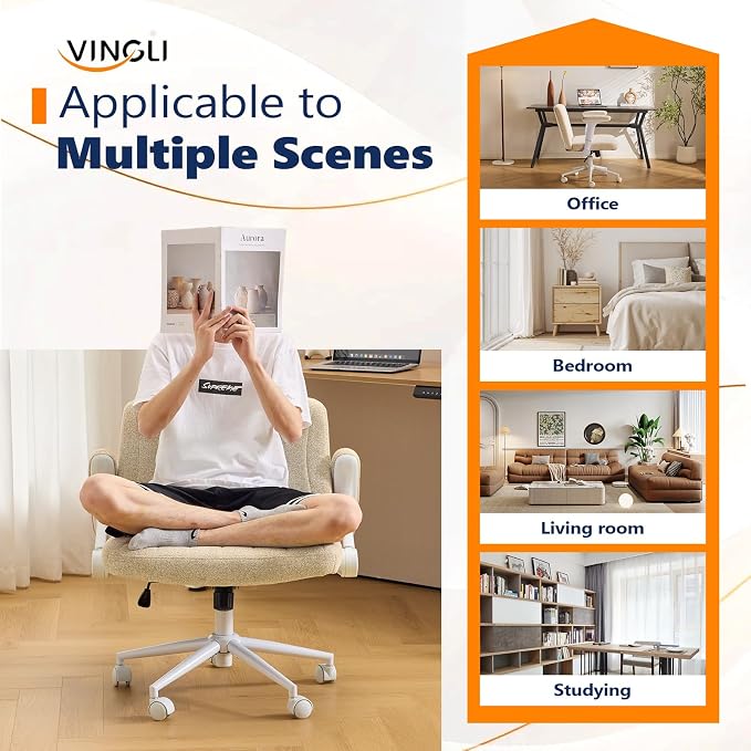 VINGLI Criss Cross Chair with Adjustable Flip-Up Arms,Cross Legged Chair with Wheels, Extra Wide Office Chair,Cozy Desk Chair for Home Office, Vanity, Apartment,Chenille Velvet,Beige