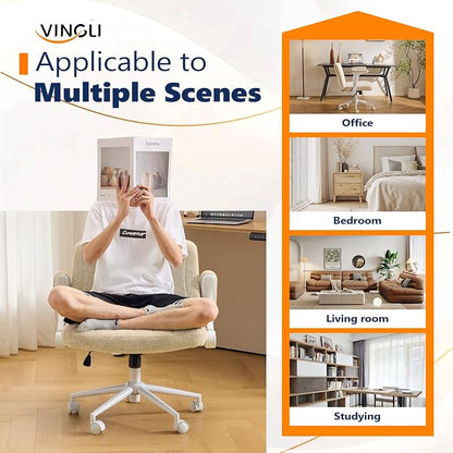 VINGLI Criss Cross Chair with Adjustable Flip-Up Arms,Cross Legged Chair with Wheels, Extra Wide Office Chair,Cozy Desk Chair for Home Office, Vanity, Apartment,Chenille Velvet,Beige