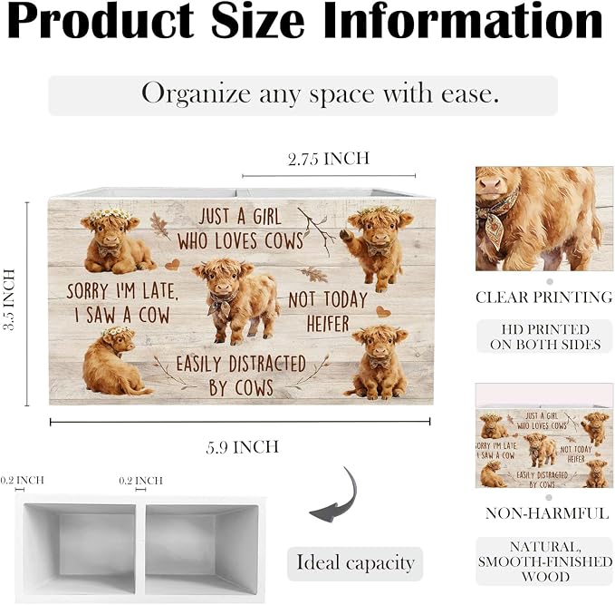 Rustic Highland Cow Pen Holder for Desk, Gifts for Highland Cow Lovers Wooden Box Sign Desk Decor for Girls Room Home Office Decoration, Farmhouse Heifer Pencil Organizer