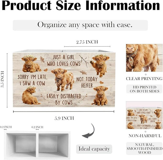 Rustic Highland Cow Pen Holder for Desk, Gifts for Highland Cow Lovers Wooden Box Sign Desk Decor for Girls Room Home Office Decoration, Farmhouse Heifer Pencil Organizer