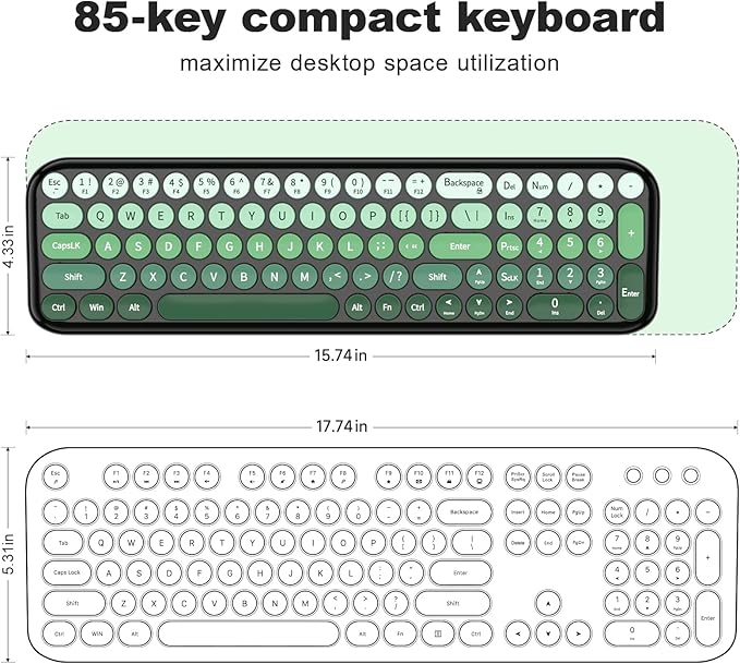 Wireless Keyboard and Mouse Combo, Meidosa 2.4GHz Colorful Full-Size Retro Typewriter Keyboard with Cat Shape 3 Level Adjustable Optical Mouse for PC/Desktop/Laptop/Windows (Black Green)