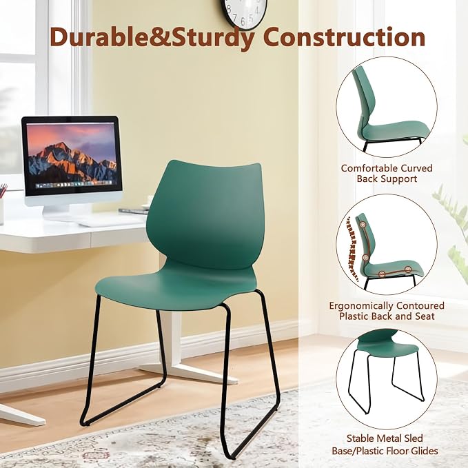 KLASIKA Stackable Waiting Room Chair, Stacking Office Chair with Ergonomic Lumbar Support and Metal Legs, Plastic Desk Chairs for Conference School Church Guest Reception Set of 4, Green