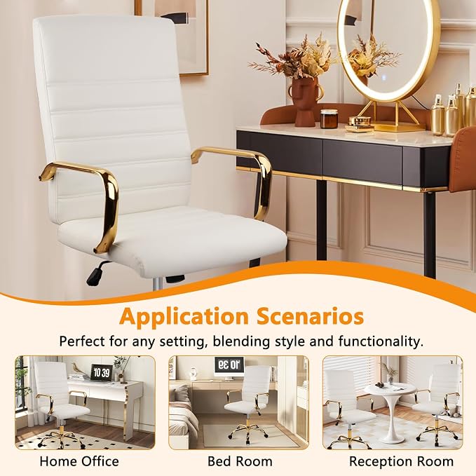 CLATINA White and Gold Office Chair, Leather Executive Computer Desk Chairs with Wheels, Ergonomic Swivel Chairs Task Stools with Arms, Height Adjustable for Home Bedroom Vanity and Living Room