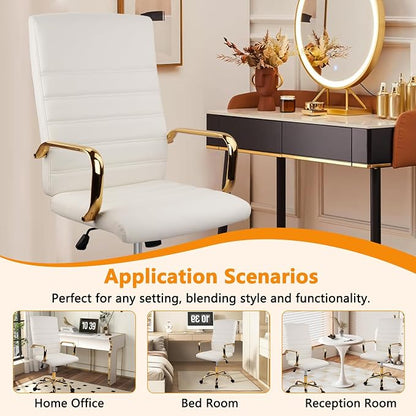 CLATINA White and Gold Office Chair, Leather Executive Computer Desk Chairs with Wheels, Ergonomic Swivel Chairs Task Stools with Arms, Height Adjustable for Home Bedroom Vanity and Living Room