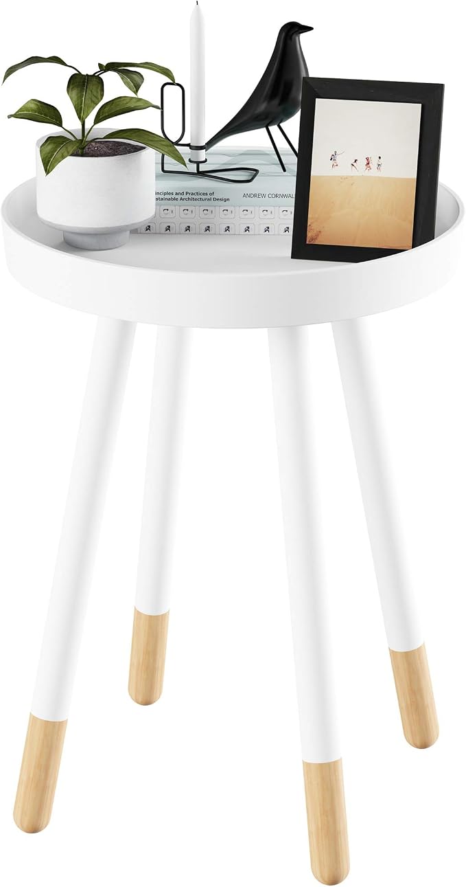 Lavish Home Round End Table – 2-Tone Mid-Century Modern Home Accent Table with Tray Top for Living Room, Bedroom, or Office (White)