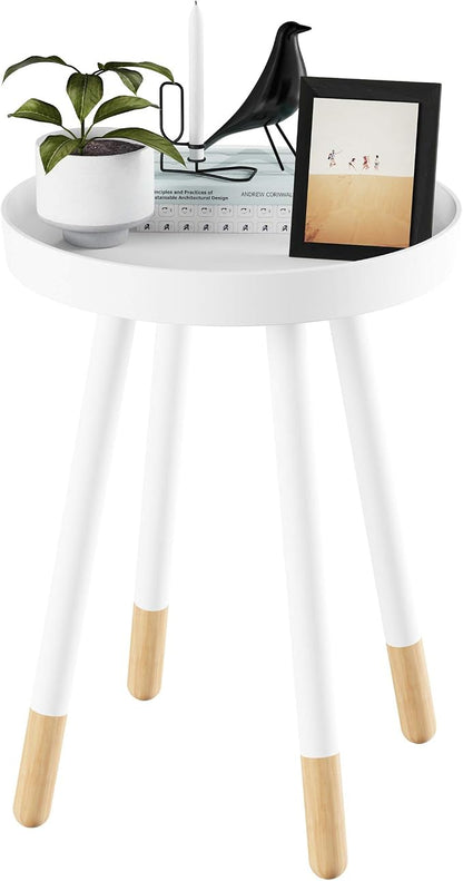 Lavish Home Round End Table – 2-Tone Mid-Century Modern Home Accent Table with Tray Top for Living Room, Bedroom, or Office (White)