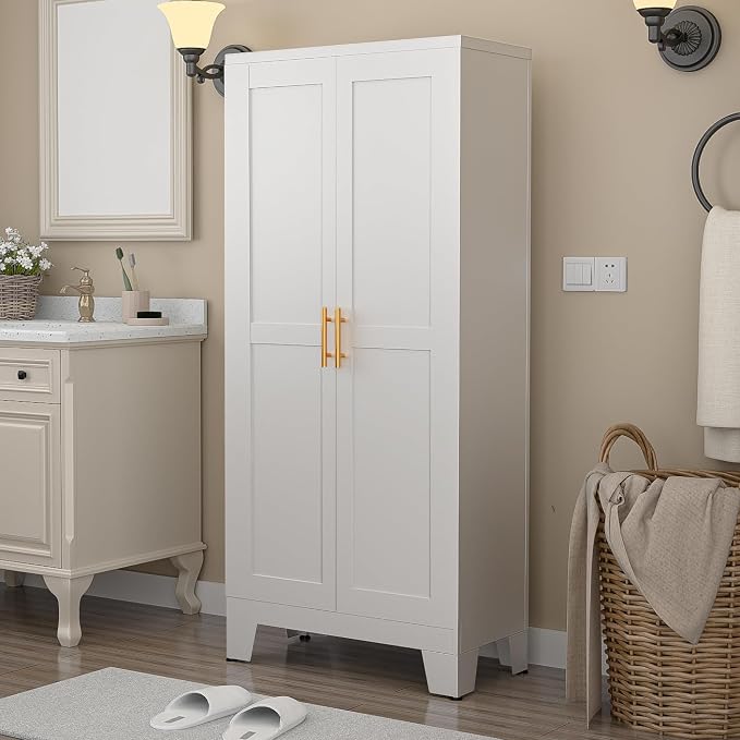 winiowa White Metal Pantry Cabinet with 2 Doors and Adjustable Shelves, 61" Kitchen Storage cabinets with Gold Handles, Versatile Storage for Laundry/Living/Dinning Room, Bathroom,Utility Room
