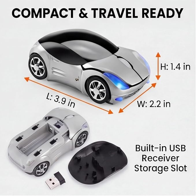 Silver Wireless Car Mouse, 2.4G with USB Receiver, 1600DPI Optical, Ergonomic Mini Computer Mouse, for Laptop, PC, Tablet, Windows, Mac OS