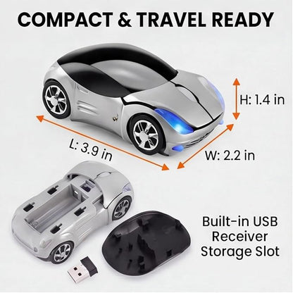 Silver Wireless Car Mouse, 2.4G with USB Receiver, 1600DPI Optical, Ergonomic Mini Computer Mouse, for Laptop, PC, Tablet, Windows, Mac OS