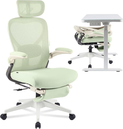 FLEXISPOT Foldex Ergonomic Office Chair, Folding Chair for Small Spaces with Lumbar Support, Flip-up Armrests, 3D Headrest, Desk Chairs with Footrest for Work,Video Game Foam Seat, Green