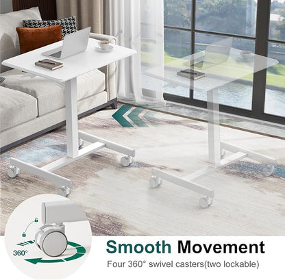 DUMOS Mobile Small Standing Desk, Portable Rolling Laptop Desk with 2 Lockable Wheels, Adjustable Height Computer Workstation for Home Office, 19 Inch White