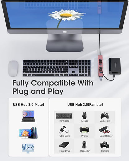 FORIDA USB Hub Long Cable 8 Ports Multiport Adapter with 7-Port USB 3.0 Data Ports, 5V/3A Type-C Power Port Splitter, USB Extender for Laptop PC and More (Rose Gold, USB A-47in)