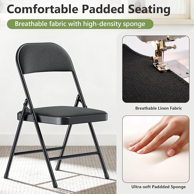 4 Pack Folding Chairs, Fabric Padded Folding Dining Chairs with Cushion Seat & Back, Indoor Outdoor Folding Chair Set for Home Office, Parties, Events, Wedding, Extra Guest Seating