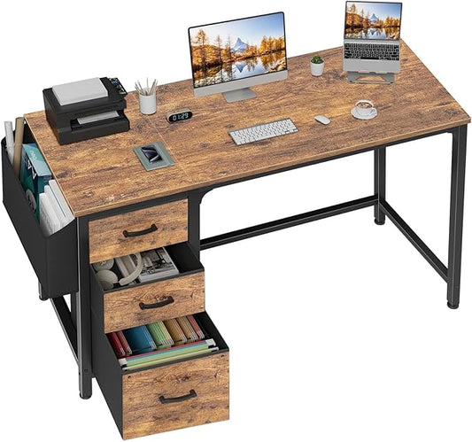 Lufeiya Computer Desk with Fabric File Drawers Cabinet, 55 Inch Reversible Home Office Desks with Filing Cabinet for Small Space, Study Writing Table PC Desks with Storage for Bedroom, Rustic Brown