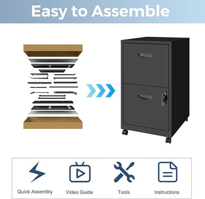 UNICOLY 2 Drawer File Cabinet with Lock, Filing Cabinets with Wheels, Rolling File Cabinets for Home Office, Metal Office File Cabinet, for Holding Letters and File Boxes, Assembly Required, Black
