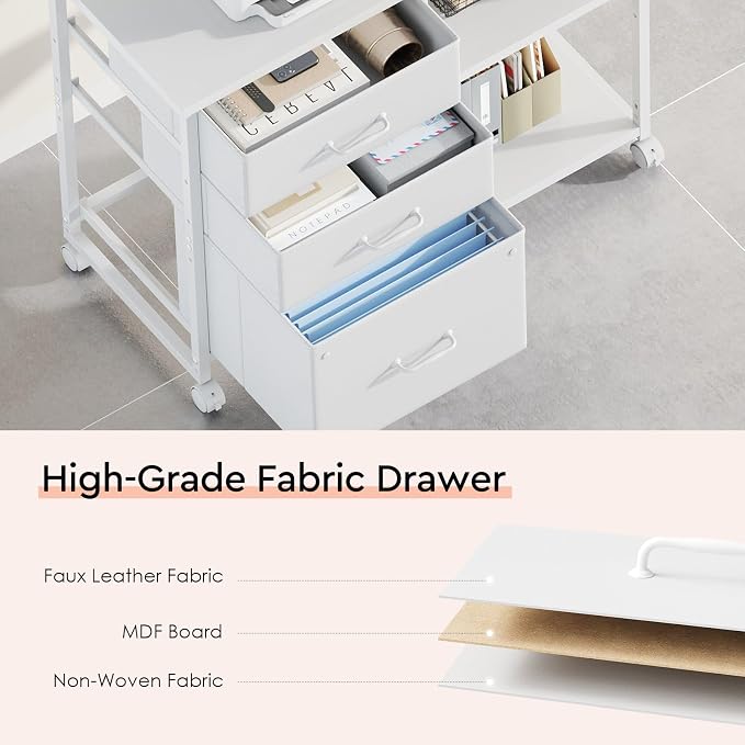 Maihail 3 Drawer File Cabinet with Wheels Rolling Printer Stand with Open Storage Shelf Fabric Lateral Filing Cabinet for Home Office,White